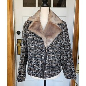 THAKOON Faux Fur Tweed Moto Jacket, Size 16